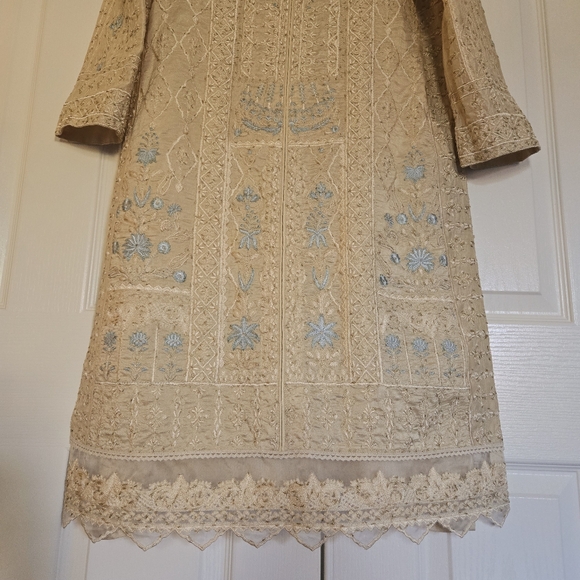 Embroidered Salwar Kameez Dupatta Long Scarf Beige Gold Organza Party Wear Dress - Picture 5 of 14